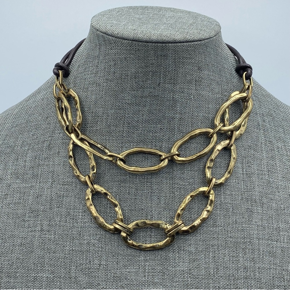 Brown Leather Cord Necklace Hammered Antiqued Gold Tone Chain Link Double Strand